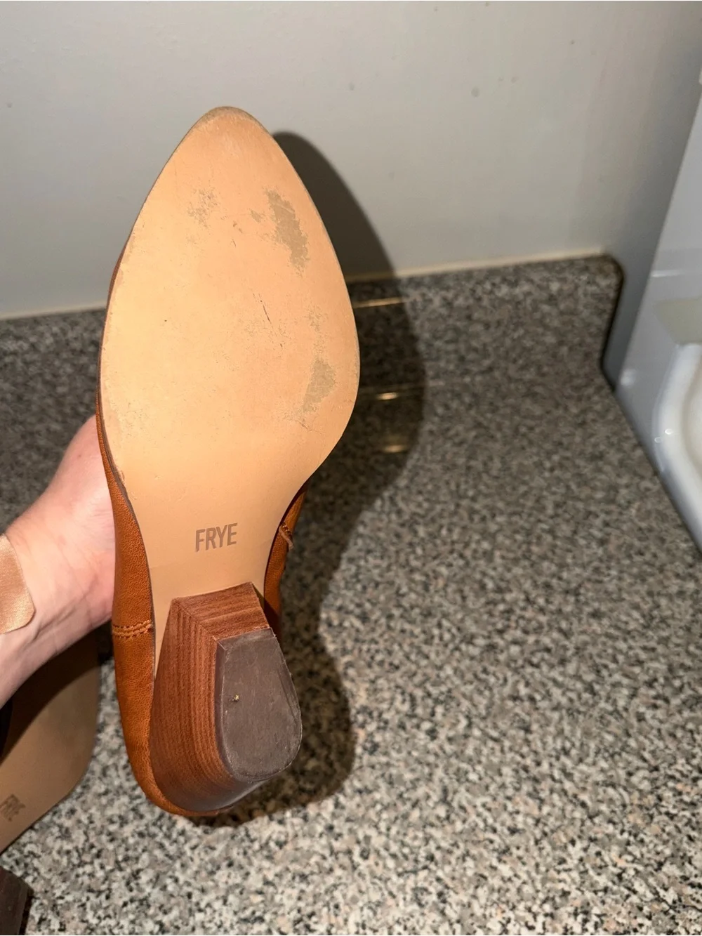 Frye Cognac Leather Ankle Booties with Stacked Heel